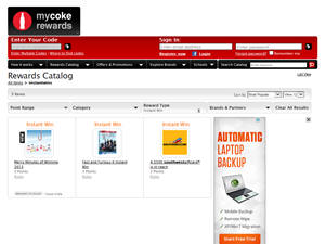 Screenshot of My Coke Rewards Instant Win Sweepstakes